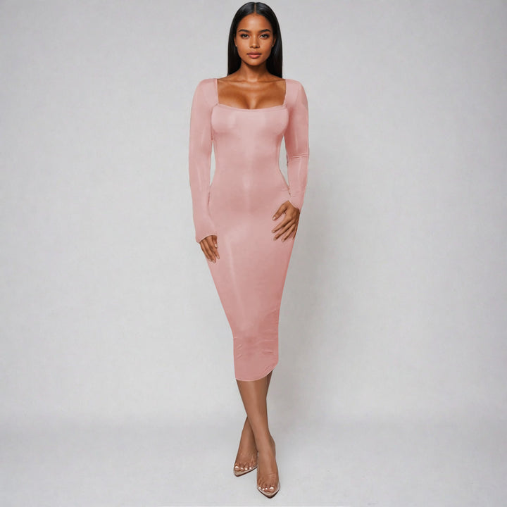 Form-fitting, long-sleeved pink midi dress with a square neckline.