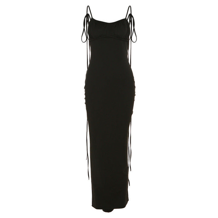 Black sleeveless maxi dress with thin shoulder straps and side ties.