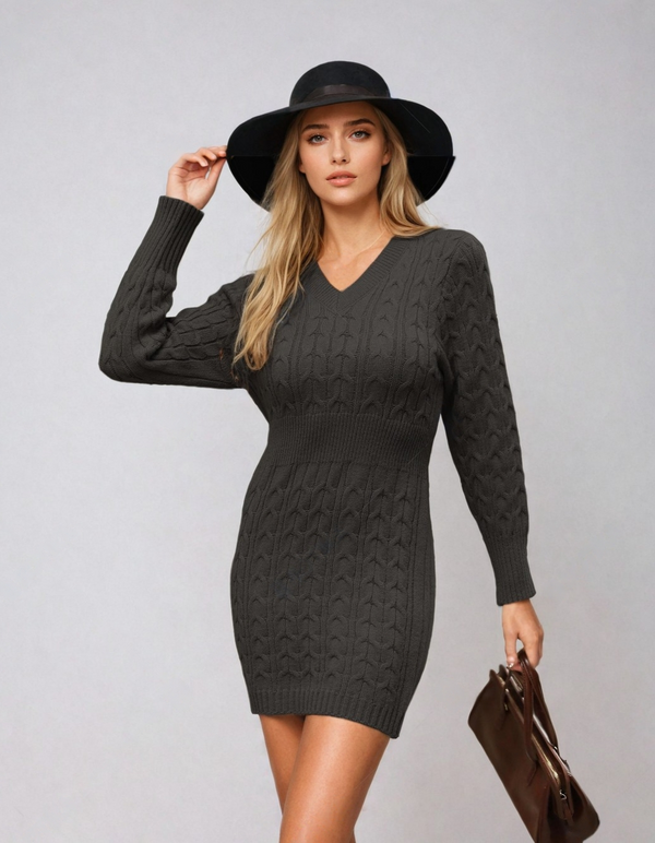 Form-fitting gray knit dress with long sleeves and a V-neckline.