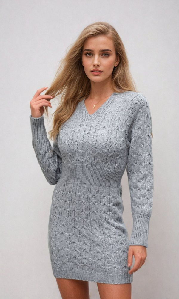 Gray cable-knit sweater dress with long sleeves.