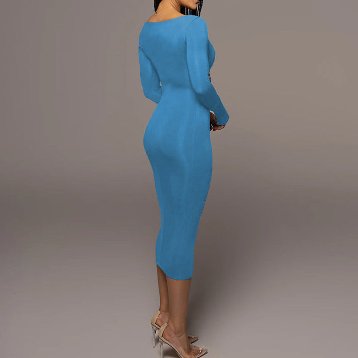 Bright blue form-fitting long-sleeved midi dress worn by a woman.